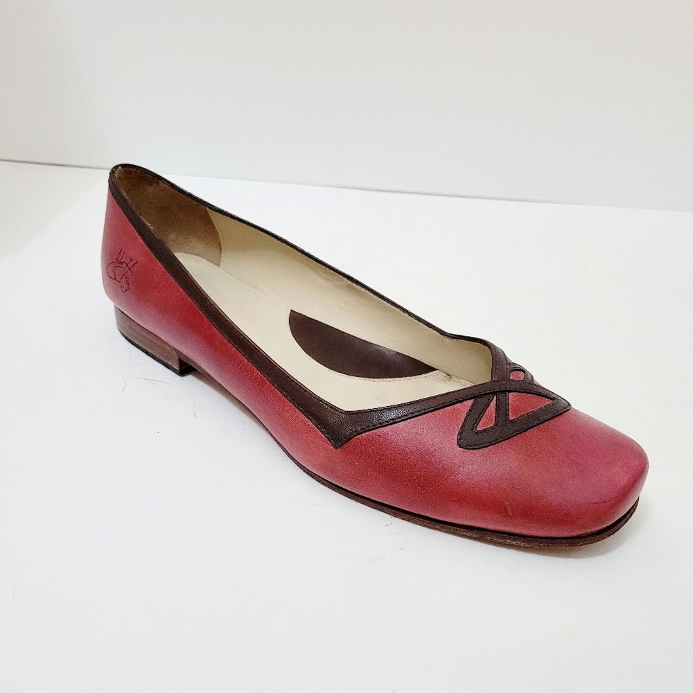 John Fluevog Red Leather Ballet Flat with Brown Trim